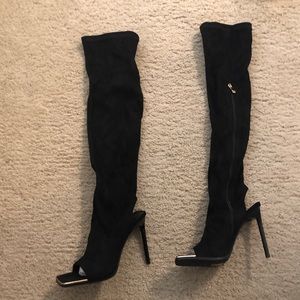 SIMMI SHOES Black Suede Peep Toe Knee High Boots